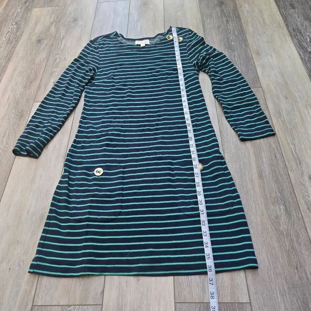 Sail To Sable striped green and navy blue midi dress gold toned buttons xs xsmal